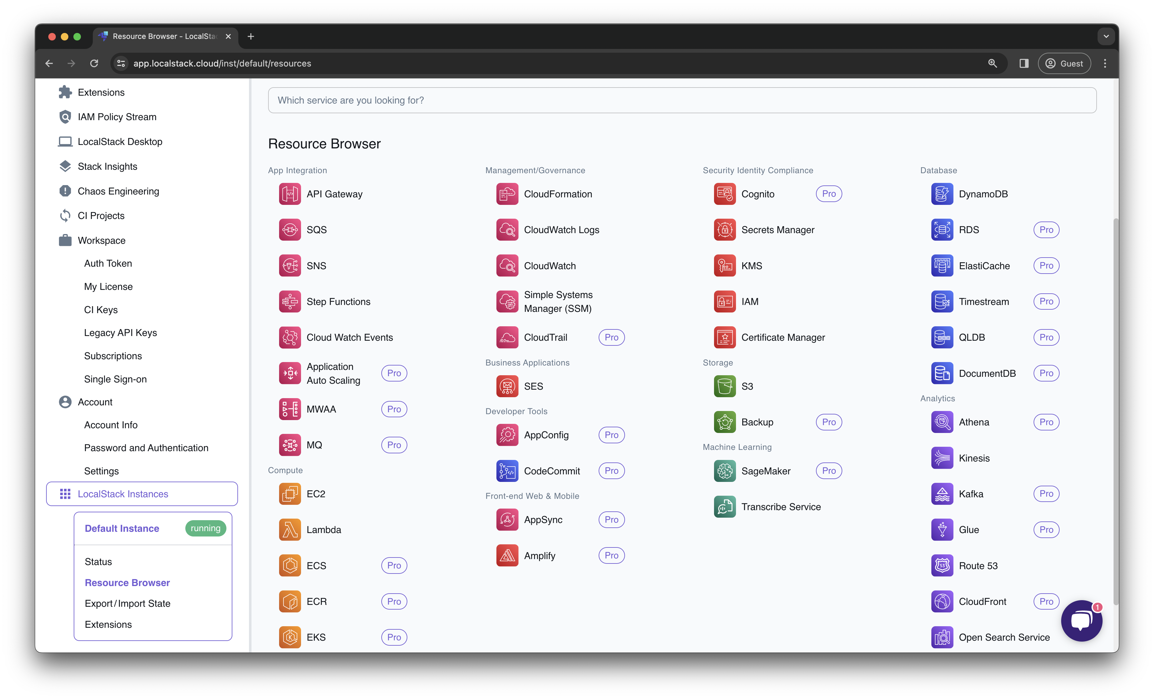 LocalStack Web Application's Resource Browsers outlining various local AWS services